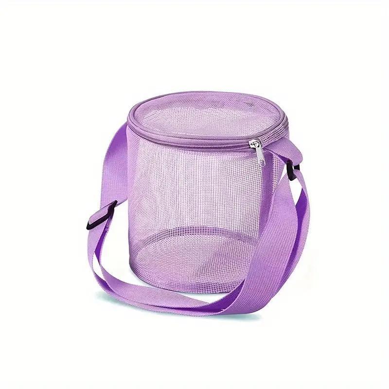 Mesh Shell Storage Bag, Round Sand Bucket Toy Collection Bag with Strap, Beach Bag, Water Sports Accessories Storage Bag for Swimming Beach