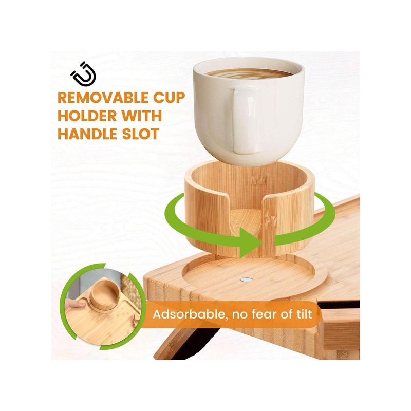 WANGWNG  Bamboo Sofa Armrest Caddy With 360° Rotating Phone Stand & Cup Holder, Folding Couch Arm Table Tray For Snacks, Drinks, And Remote Control Access