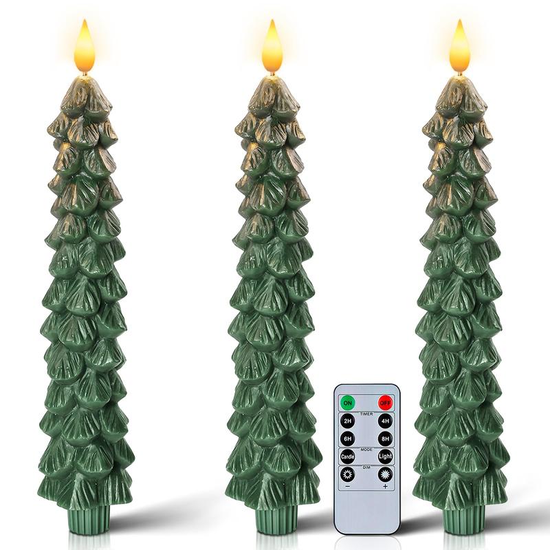 Christmas Decor Christmas Tree Candles For Christmas Gift Christmas Tree Candles with Remote, Waxy Flameless Taper Candles Flickering, Green LED Candlesticks Battery Operated for New Year Celebration Holiday Decorations 9.7 Inches