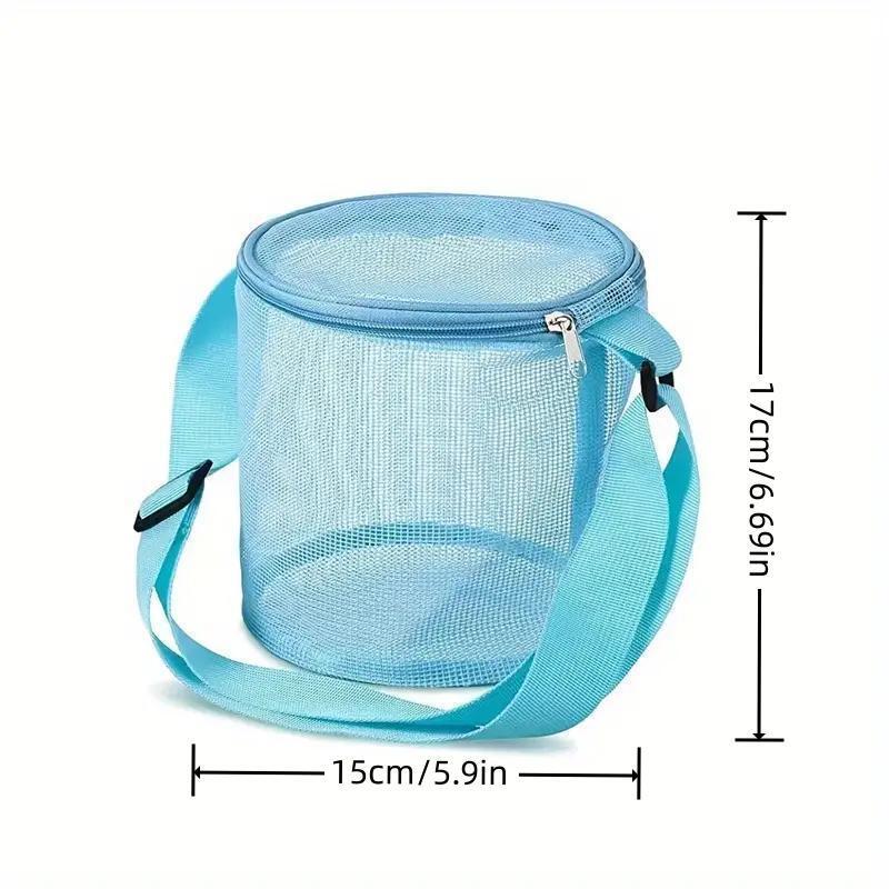 Mesh Shell Storage Bag, Round Sand Bucket Toy Collection Bag with Strap, Beach Bag, Water Sports Accessories Storage Bag for Swimming Beach