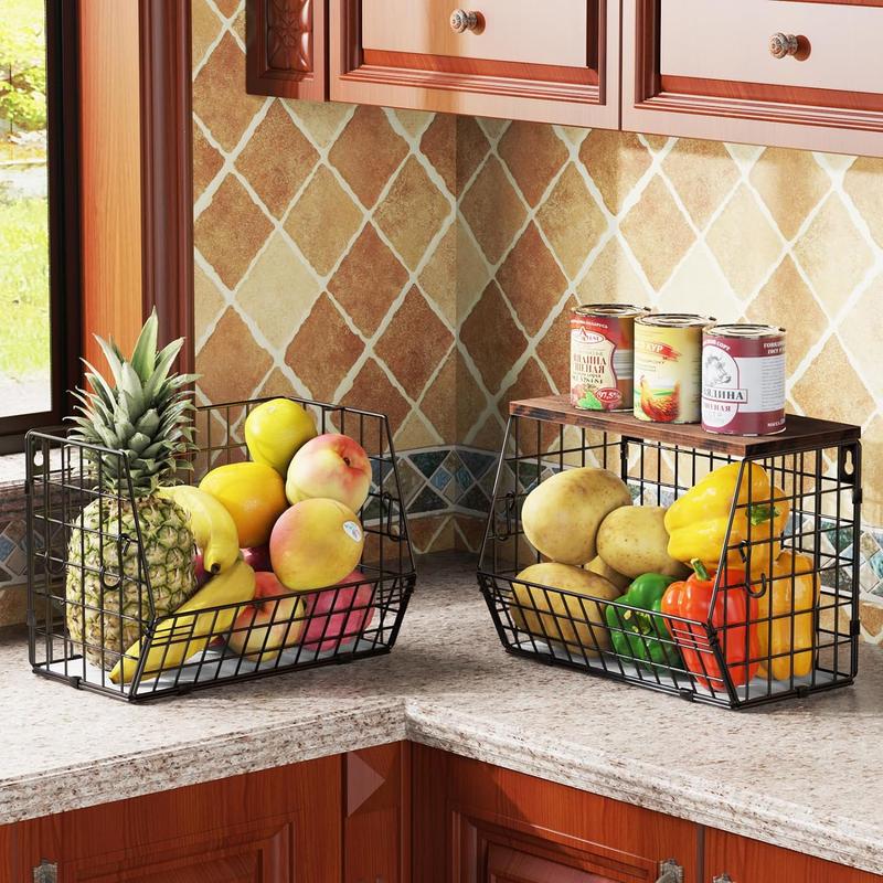 2 Pack Fruit Storage Basket, Stackable Wall Mounted Wire Baskets with Wooden Tabletop, Hanging Kitchen Basket, Wall Basket, Potato and Onion Storage for Kitchen, countertop organizer for snack, fruit, vegetable, fruits  basket Hangable