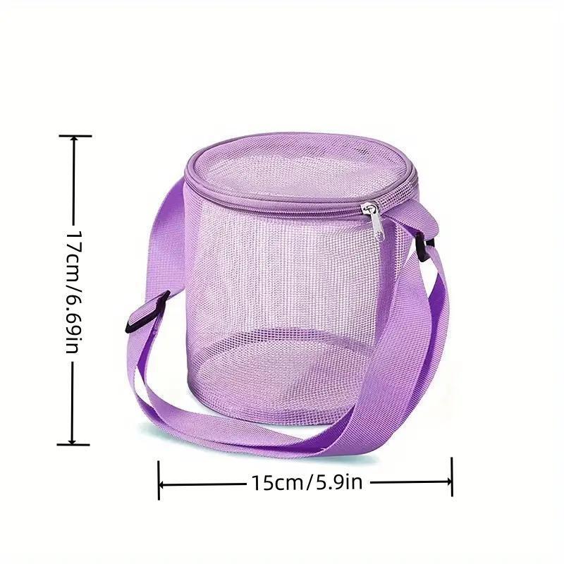 Mesh Shell Storage Bag, Round Sand Bucket Toy Collection Bag with Strap, Beach Bag, Water Sports Accessories Storage Bag for Swimming Beach