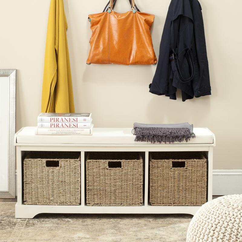 Safavieh LONAN Wicker Storage Bench - 3 Removable Baskets, Seating for 2 People