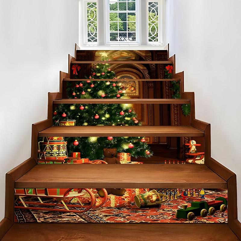 Christmas Tree Pattern Stairs Sticker, 6 Counts set Self Adhesive Hallway Sticker, Decorative Sticker for Home Party Festival, Home Decor