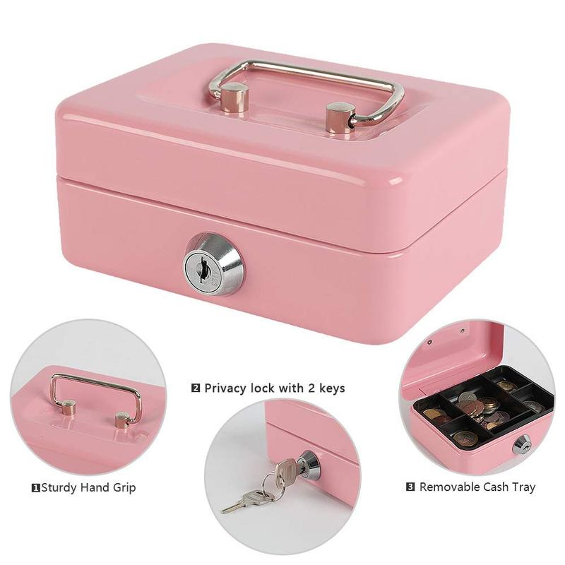 Locking Steel Mini Cash Box with Removable Coin Tray and Key Lock for Kids, 4.92