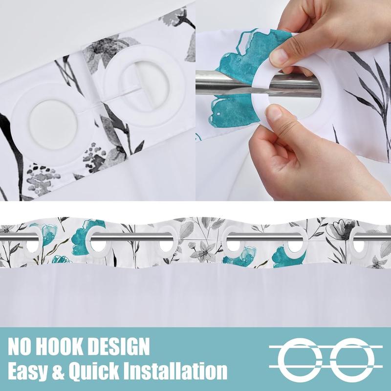 No Hooks Shower Curtain with Snap in Liner,Flower Shower Curtain,See Through Shower Curtain Set with Liner, Double Layer Bathroom Curtains for Hotel