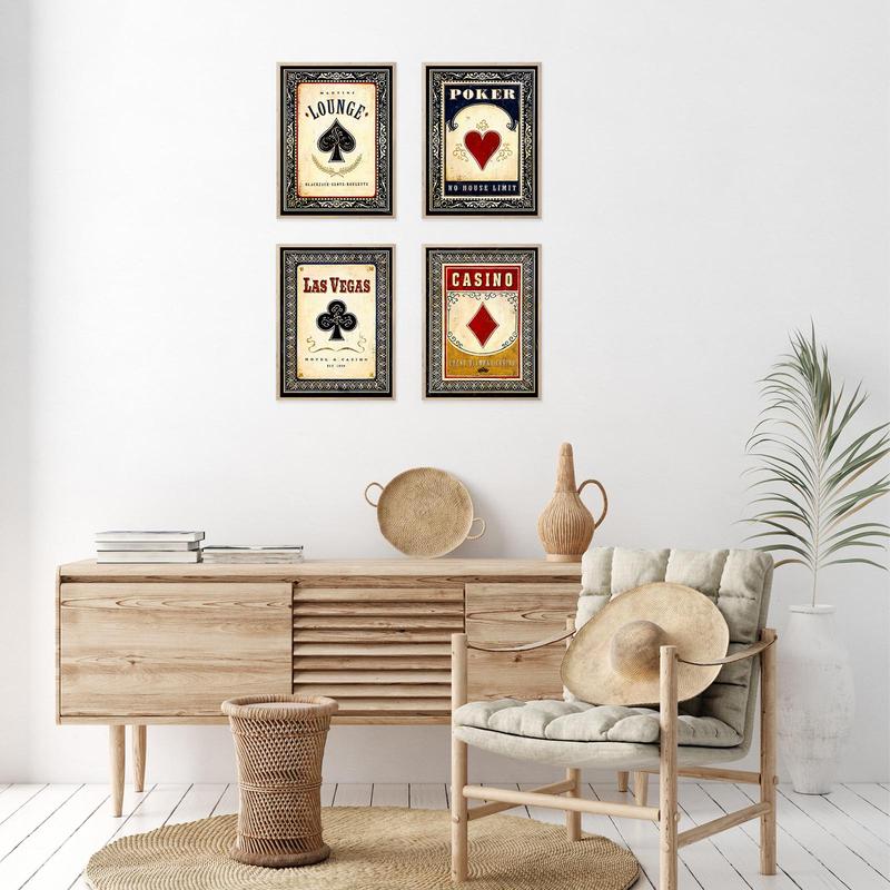 Vintage Poker Card Pattern Canvas Wall Art without Frame, 4 Counts set Retro Card Pattern Painting, Wall Art Decor for Home Living Room Bedroom