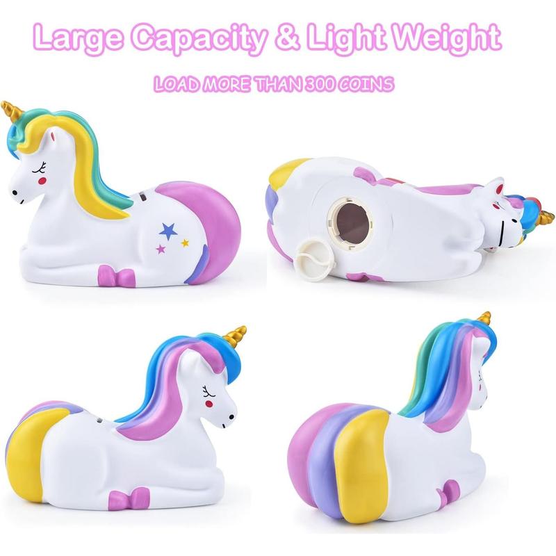 Piggy Bank Girls: Unicorn Piggy Banks - Unbreakable Plastic Coin Money Bank with Alphabet Stickers - Rainbow