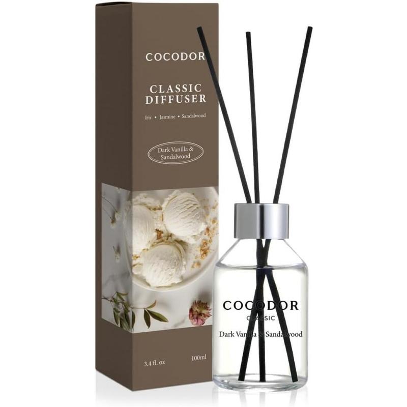 Classic Reed Diffuser Dark Vanilla&Sandalwood 3.4oz(100ml) 1 Pack Home Frrance Scent Essential Oil Stick Diffuser for Bedroom Bathroom Home Décor