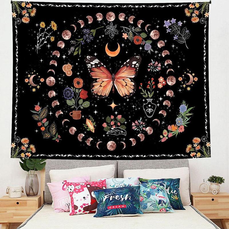 Butterfly & Moon Pattern Tapestry, 1 Count Bohemian Style Wall Hanging Tapestry, Wall Art Decor for Home Living Room Bedroom Dormitory