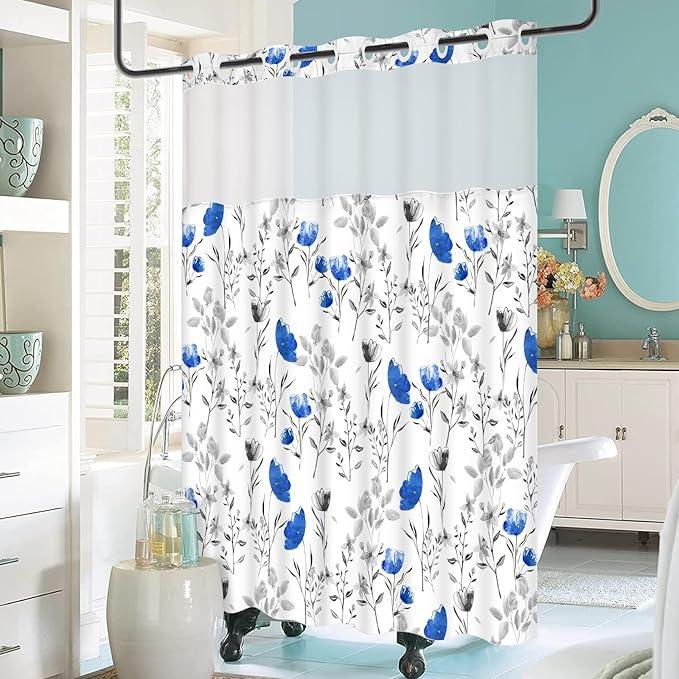 No Hooks Shower Curtain with Snap in Liner,Flower Shower Curtain,See Through Shower Curtain Set with Liner, Double Layer Bathroom Curtains for Hotel