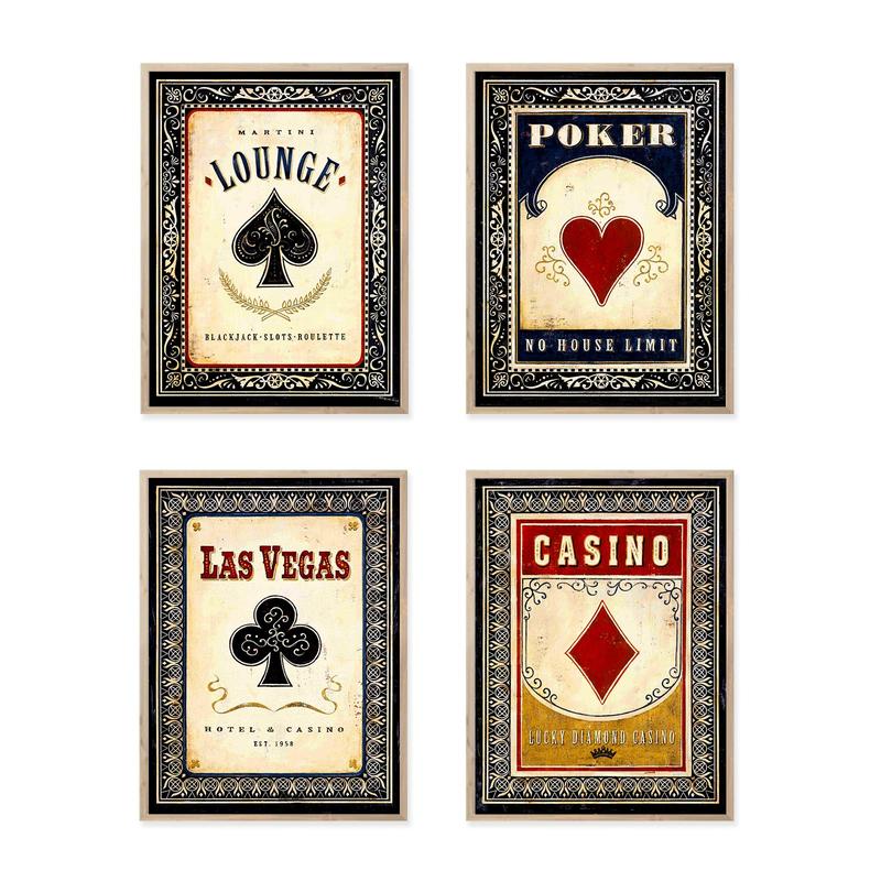 Vintage Poker Card Pattern Canvas Wall Art without Frame, 4 Counts set Retro Card Pattern Painting, Wall Art Decor for Home Living Room Bedroom