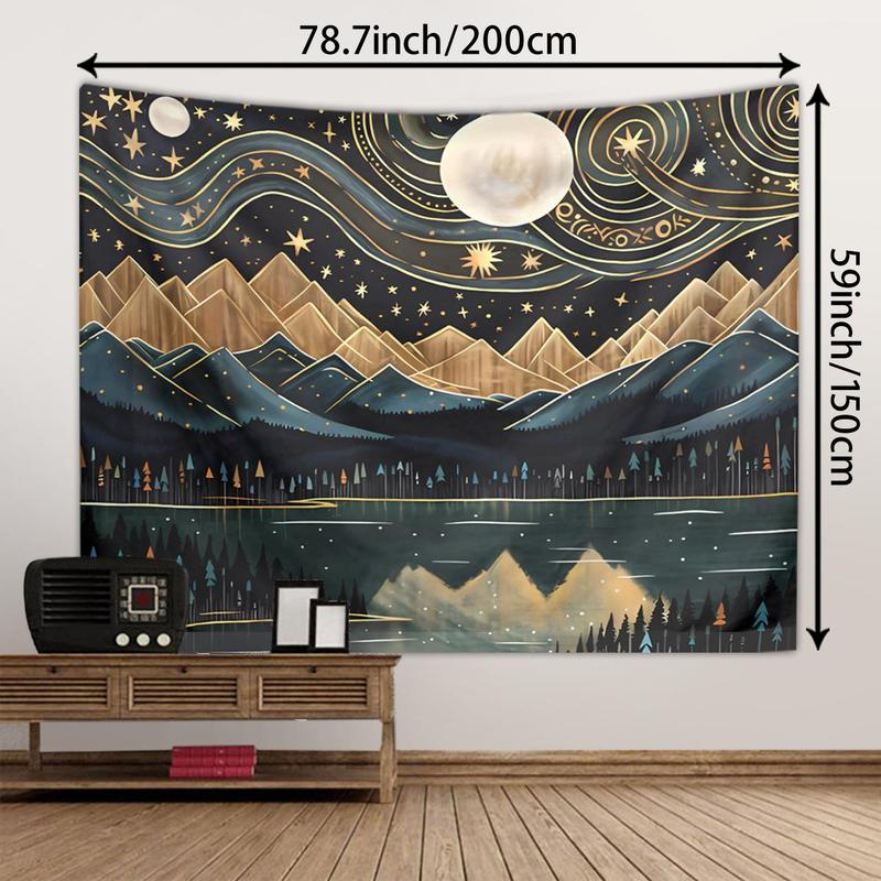 Bohemian Style Mountain & Moon & River Pattern Tapestry, Creative Wall Hanging Blanket, Wall Art for Home Living Room Bedroom