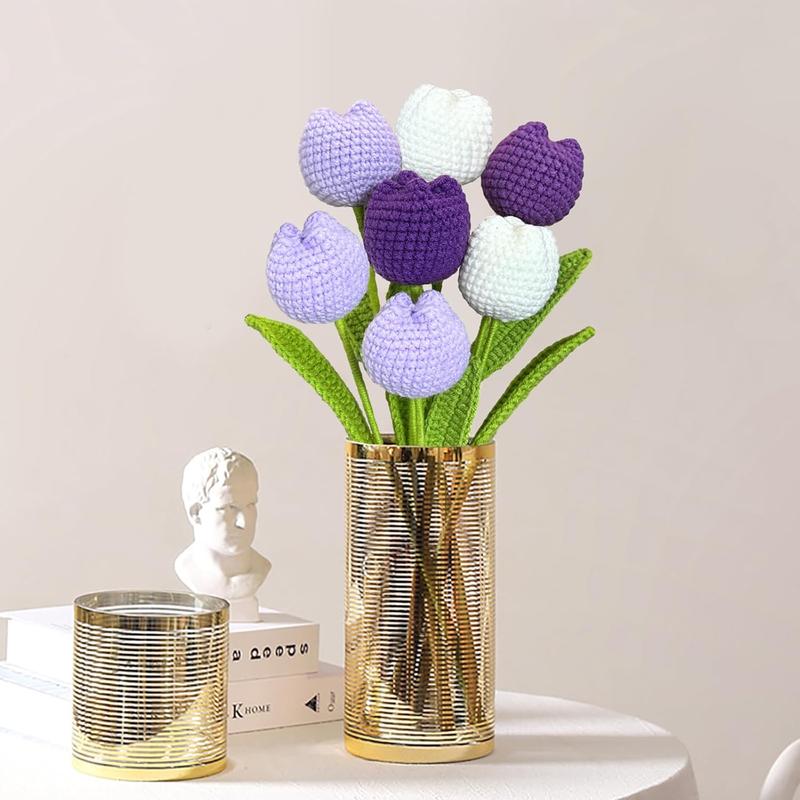 Crochet Flowers, 7 count Crochet Flower Bouquet Purple Tulips Artificial Flowers Decor Hand Woven Flowers Knitted Flower Bouquet with Packaging, Gift for Women Girlfriend Mother