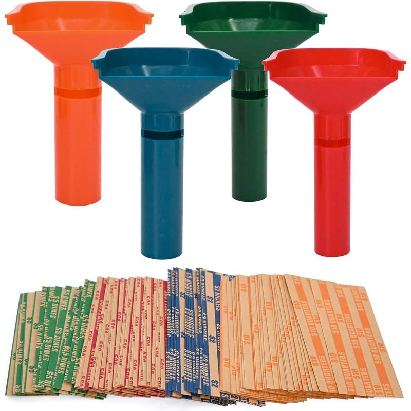 150 Assorted Flat Striped Coin Wrappers & 4 Coin Sorters Tubes, Color-Coded Coin Counters, Easy to Load