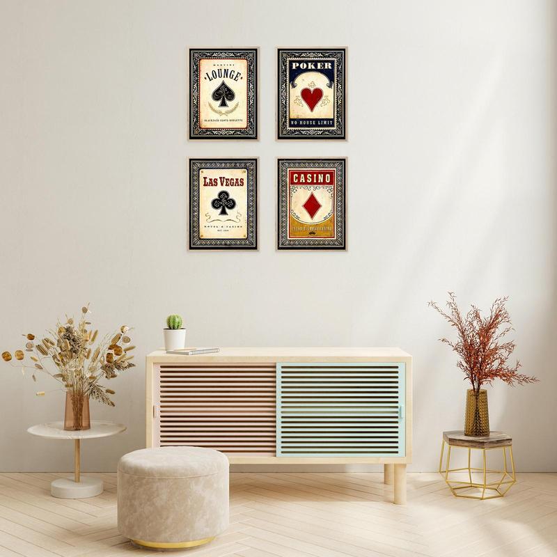 Vintage Poker Card Pattern Canvas Wall Art without Frame, 4 Counts set Retro Card Pattern Painting, Wall Art Decor for Home Living Room Bedroom