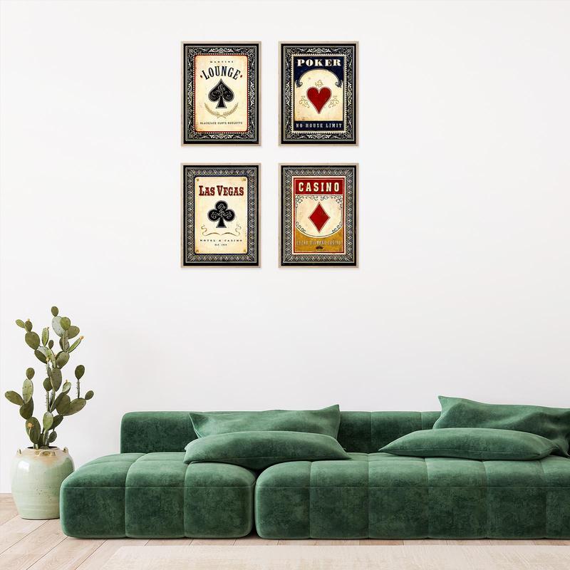 Vintage Poker Card Pattern Canvas Wall Art without Frame, 4 Counts set Retro Card Pattern Painting, Wall Art Decor for Home Living Room Bedroom