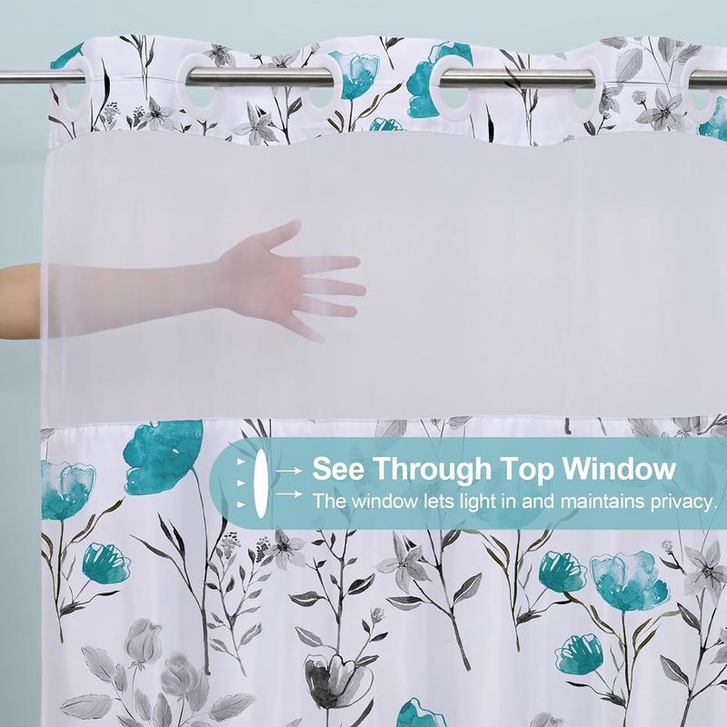 No Hooks Shower Curtain with Snap in Liner,Flower Shower Curtain,See Through Shower Curtain Set with Liner, Double Layer Bathroom Curtains for Hotel