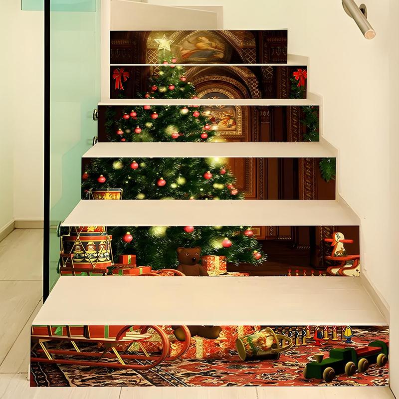 Christmas Tree Pattern Stairs Sticker, 6 Counts set Self Adhesive Hallway Sticker, Decorative Sticker for Home Party Festival, Home Decor