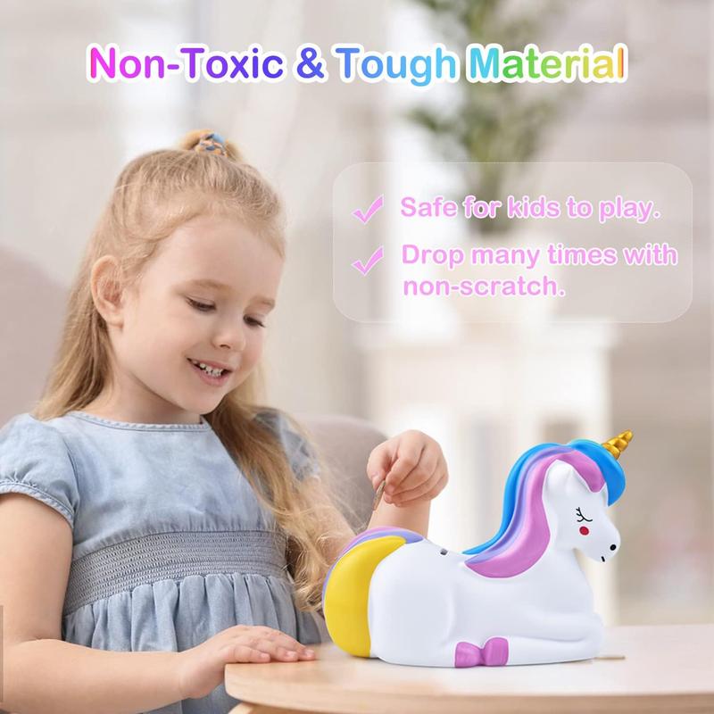 Piggy Bank Girls: Unicorn Piggy Banks - Unbreakable Plastic Coin Money Bank with Alphabet Stickers - Rainbow