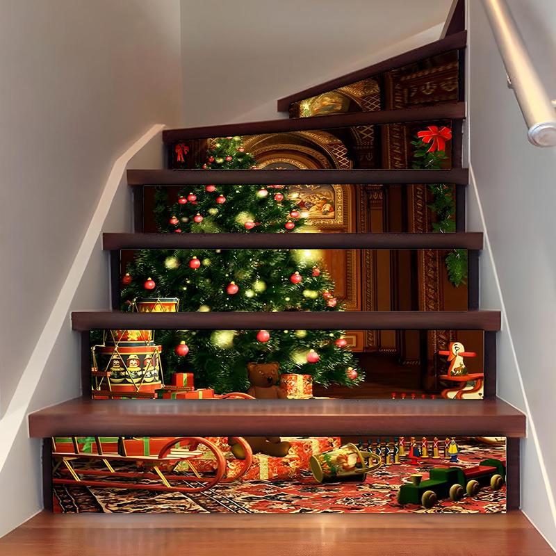 Christmas Tree Pattern Stairs Sticker, 6 Counts set Self Adhesive Hallway Sticker, Decorative Sticker for Home Party Festival, Home Decor