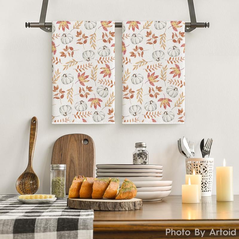 Orange Leaves Pumpkin Fall Kitchen Towels Dish Towels, 18x26 Inch Farmhouse Decoration Hand Towels Set of 2