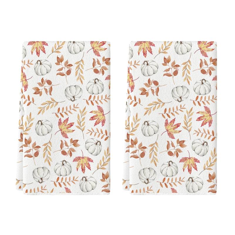 Orange Leaves Pumpkin Fall Kitchen Towels Dish Towels, 18x26 Inch Farmhouse Decoration Hand Towels Set of 2