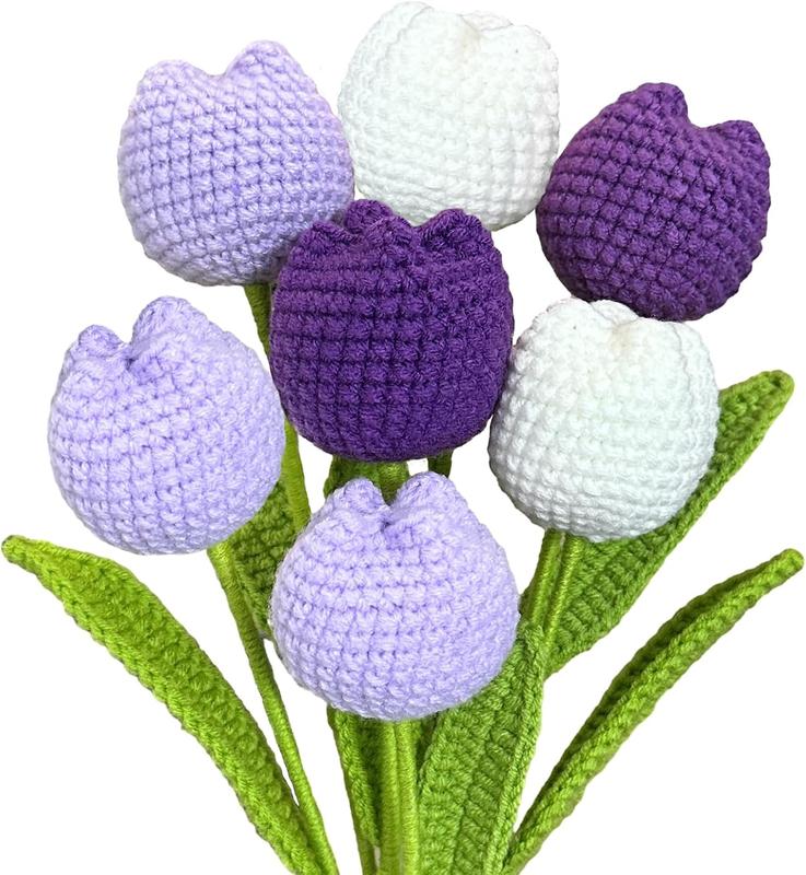 Crochet Flowers, 7 count Crochet Flower Bouquet Purple Tulips Artificial Flowers Decor Hand Woven Flowers Knitted Flower Bouquet with Packaging, Gift for Women Girlfriend Mother