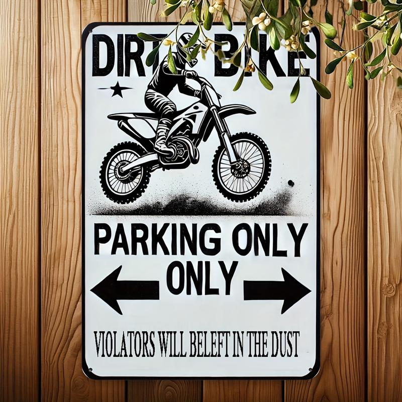 Dirt Bike Parking Only Sign, Vintage Iron Wall Decor for Man Cave and Boy's Room, Humorous Off-Road Bike Enthusiast Foil Engraved Sign with 