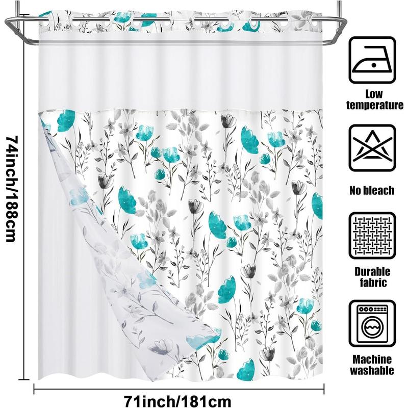 No Hooks Shower Curtain with Snap in Liner,Flower Shower Curtain,See Through Shower Curtain Set with Liner, Double Layer Bathroom Curtains for Hotel