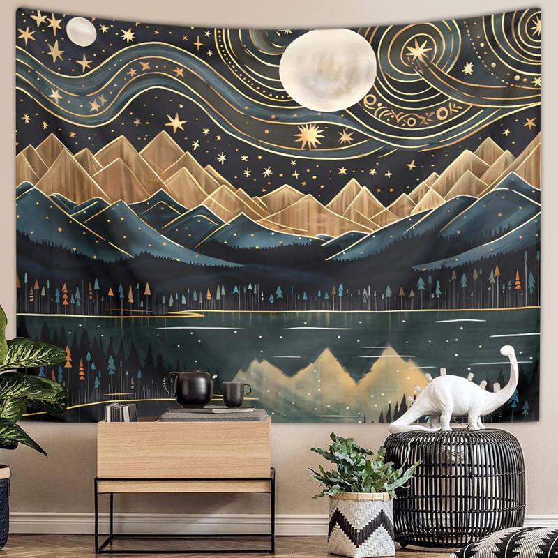 Bohemian Style Mountain & Moon & River Pattern Tapestry, Creative Wall Hanging Blanket, Wall Art for Home Living Room Bedroom